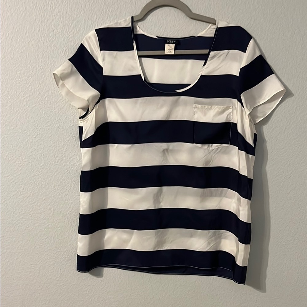 J. Crew 100% Silk White and Blue Boxy Short Sleeve Relaxed Blouse